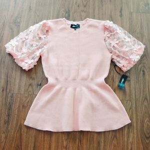 Alice Blue Pink Peplum Top with Floral Lace Sleeves